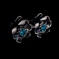 Anting Tusuk Wanita Vintage Bertahtakan Bunga Biru, Perhiasan Zirkonia Kubik, Anting Berlapis Emas Wanita, Anting Berhias Berlian Imitasi