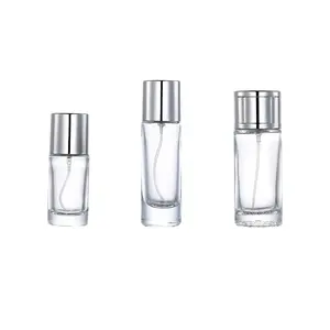 20ml 30ml50ml透明香水瓶ラウンドガラス香水ボディワークオイルディスペンサー詰め替え可能なシルバースプレーポンプ空のボトル