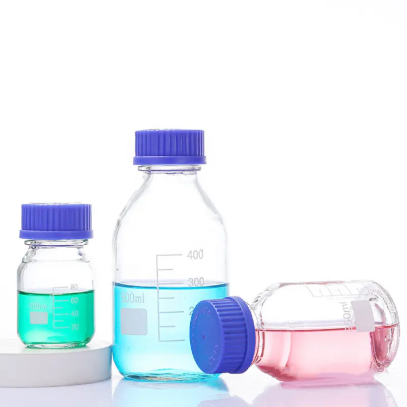 Frasco de reagente redondo de vidro transparente químico graduado com tampa de rosca azul GL45
