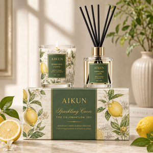 ชุดเทียนหอมพร้อมก้านไม้หอมแบบกระจายกลิ่น ขนาด 100 มล. ทรงกลม สีเขียว ยี่ห้อ Aikun Low MOQ  พร้อมกล่องพิมพ์ลายโลโก้ด้วยเทคนิค Water Transfer สำหรับผู้ซื้อ - Product Image 1