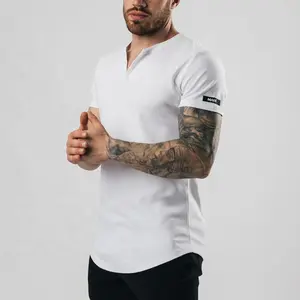 Kaus Gym Polos Kustom 100% Katun untuk Pria, T-shirt Henley Pria dengan Label Webbed