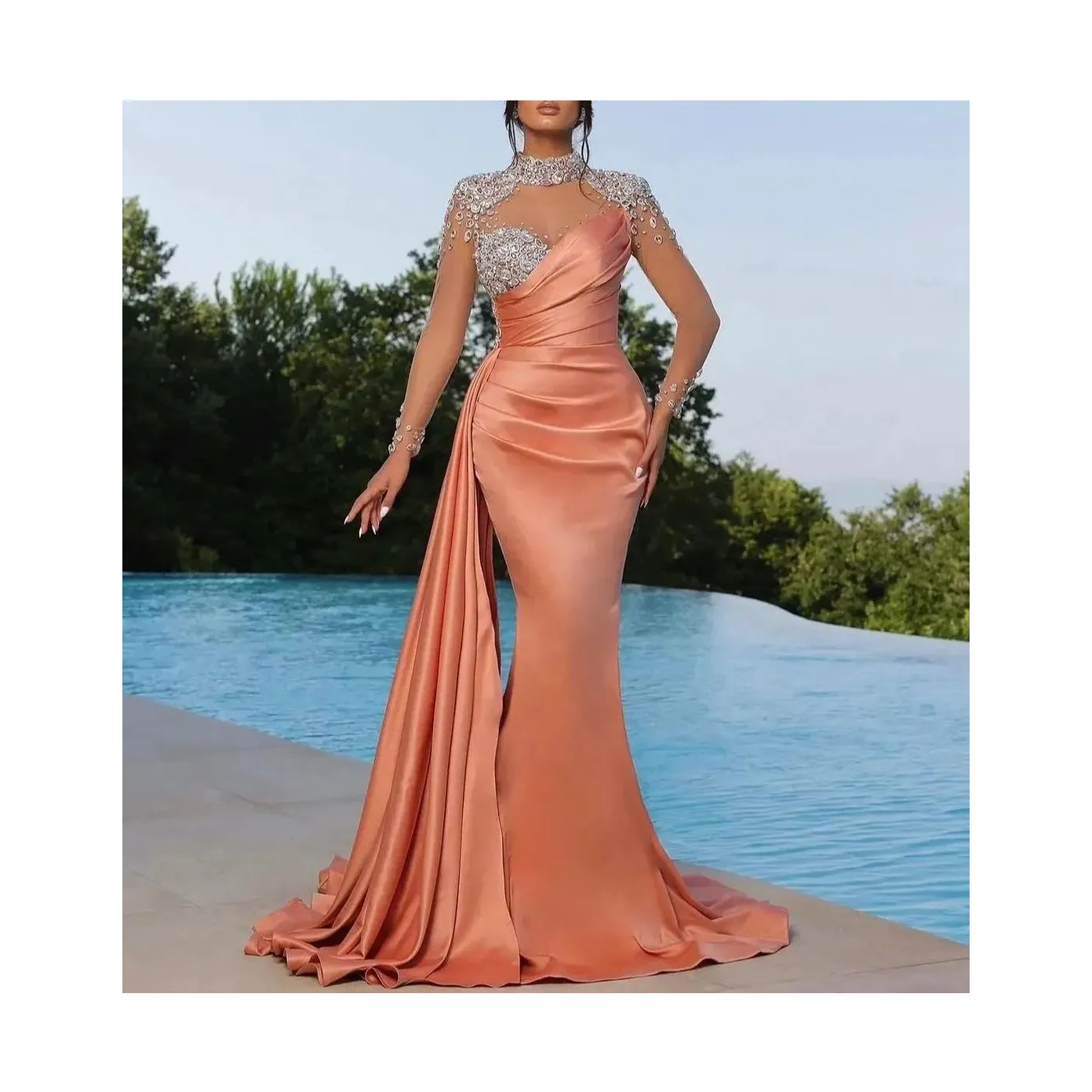 Vestidos De noche De lujo De cuello alto para mujer, vestidos De sirena para mujer, mangas largas transparentes, vestidos De graduación para fiesta De boda, Vestidos De Gala Custo