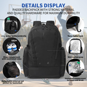 Zaino Professionale Unisex per Basket con Doppio Scomparto per Palloni, Scomparti per Vestiti Bagnati e <span class=keywords><strong>Scarpe</strong></span>, Tasche Termiche per Sport - Product Image 3