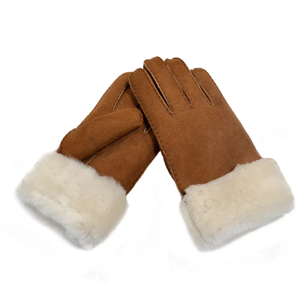 Sarung tangan kulit bulu kambing, sarung tangan mode lembut warna Khaki musim dingin untuk pria wanita anak laki-laki perempuan
