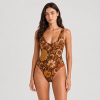 Traje de Baño Entero Retro Floral Marrón de Marca Privada con Relleno Removible Inalámbrico, Espalda Descubierta y Corte Alto, Venta al por Mayor, MOQ Bajo, Directo de Fábrica