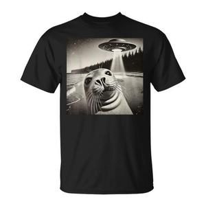 T-shirt Seal Selfie Ufos Nera con grafica di design, abbigliamento casual da uomo - Product Image 1