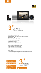 กล้องติดรถยนต์ Yuemi Q5 4K 3 ช่องทาง พร้อม Wi-Fi กล้องบันทึกหน้ารถแบบสามเลนส์ บันทึกภาพสามทิศทาง พร้อม GPS ระบบตรวจจับการจอด 24 ชม. มองเห็นในเวลากลางคืน - Product Image 6