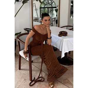 Vestido de Fiesta Marrón Naselinta, Cuello Alto, Manga Corta, Largo hasta el Suelo, Recto, Moderno, para Maternidad, Tallas XS-XXL, Elegante Ropa de Noche - Product Image 3