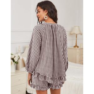 Women Gingham 2 Piece Pajama Set Long Sleeve Ruffle Shorts Sleepwear With <b>Pockets</b> Casual Woven Fabric Soft Comfortable Lounge - Product Image 5
