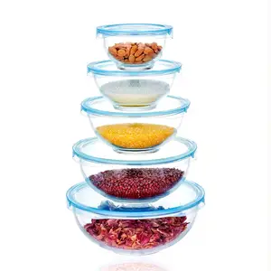 Linuo Best Selling Heat Resistant Clear Cereal Seasoning Round Glass Salad Mixing Bowl Set with Plastic Lids