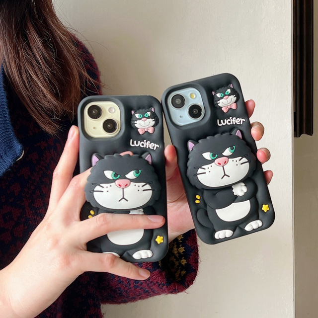 3D Cute Cat Holder Phone Case Soft Silicone Back Cover Skin Shell Cute Cartoon for iPhone 17 Pro Max 11 12 13 14 15 16 Pro Max