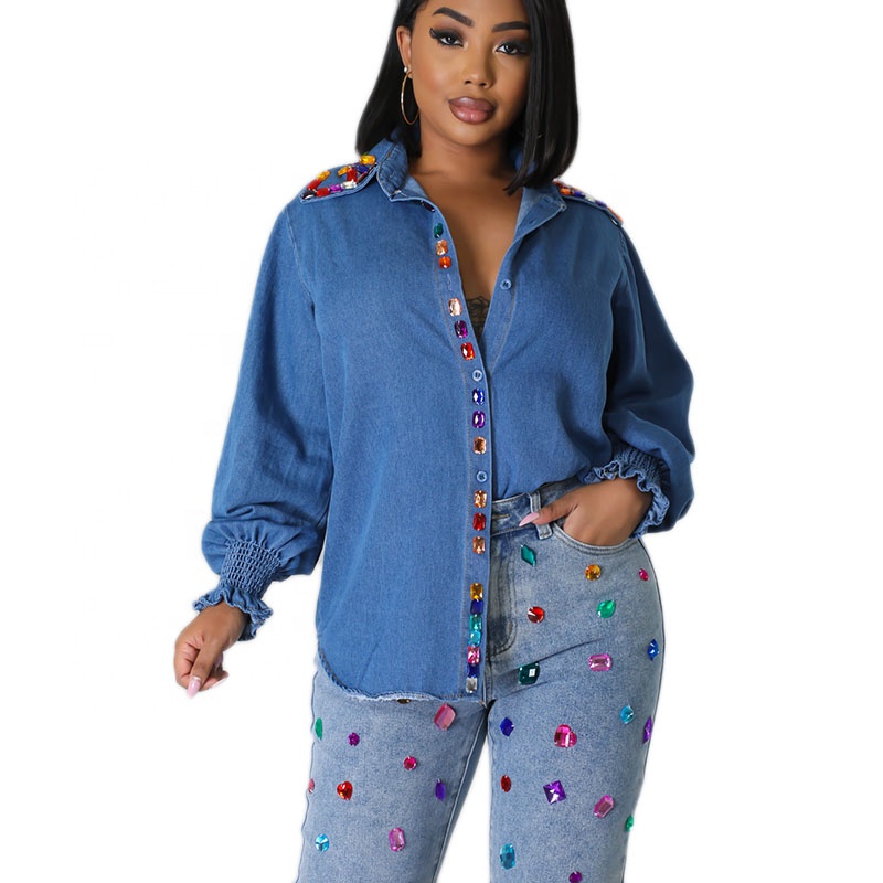 High quality ladies denim shirt jewel embellished top long sleeve jeans shirt for women denim shirt