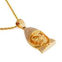 Pendentif en acier inoxydable doré en forme de crâne, style Hip Hop créatif, serti de pierres, pour homme