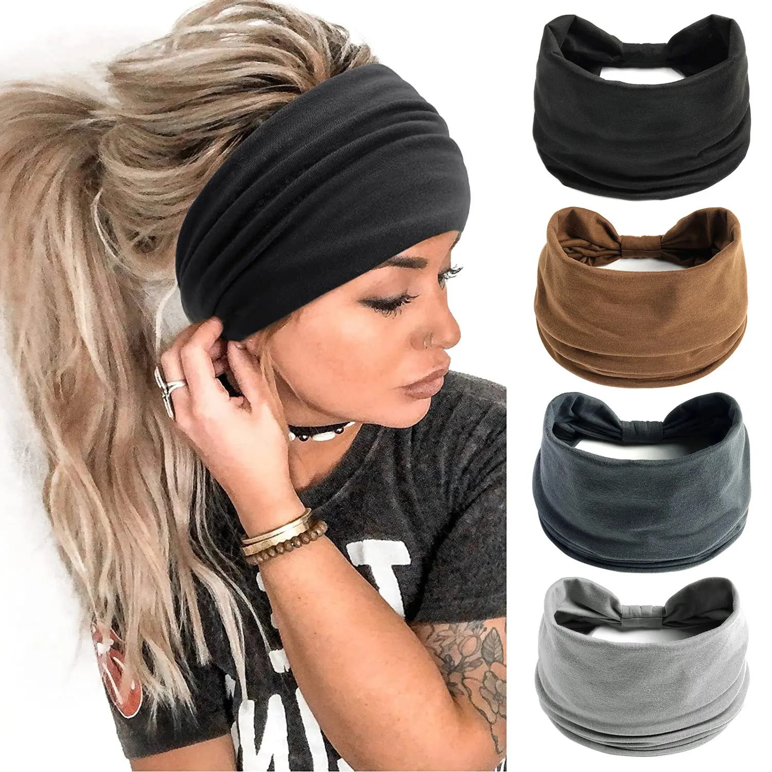 Knotted Cotton Cloth Wide Headbands for Women Non Slip Soft Elastic Hair Bands Yoga Running Sports Workout Gym Head Wraps