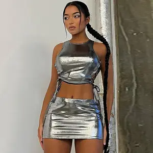 Lvcong 2024 Hot Sale Vrouwen Effen Kleur Lederen Bandage Jurken Tweedelige Sets Crop Top En Mini Rok Set