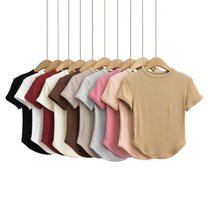 Round Neck Curved Hem Short <b>T</b>-Shirt Tops Women's Slim Threaded Tight Short Sleeve <b>T</b>-Shirt Fashion - Product Image 1