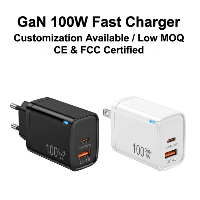 100W GaN PD 3.0 QC4.0 Dual Port USB-C/A Wall Fast Charger Travel Adapter with Foldable Plug for Laptop Phone Tablet