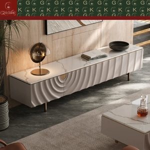 Consola de <span class=keywords><strong>TV</strong></span> Moderna Minimalista GOLDKING para Sala de Estar, Mármol Blanco Calacatta, Frente Ondulado, Patas Doradas, Interior Rojo, Corte de Precisión OEM - Product Image 2