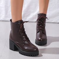 Martin bottes femme Style britannique femme automne et hiver nouvelle tête ronde à lacets talon épais Version coréenne talon haut mode Mi
