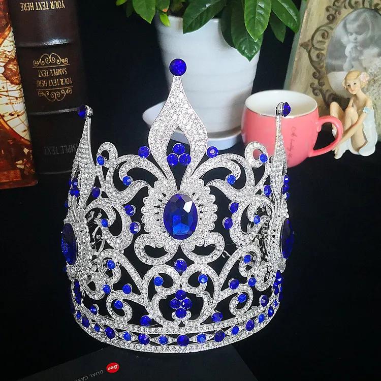 Mahkota Besar Bergaya Eropa Mahkota Dunia untuk Wanita Mahkota Kontes Kecantikan Biru Mahkota Ratu
