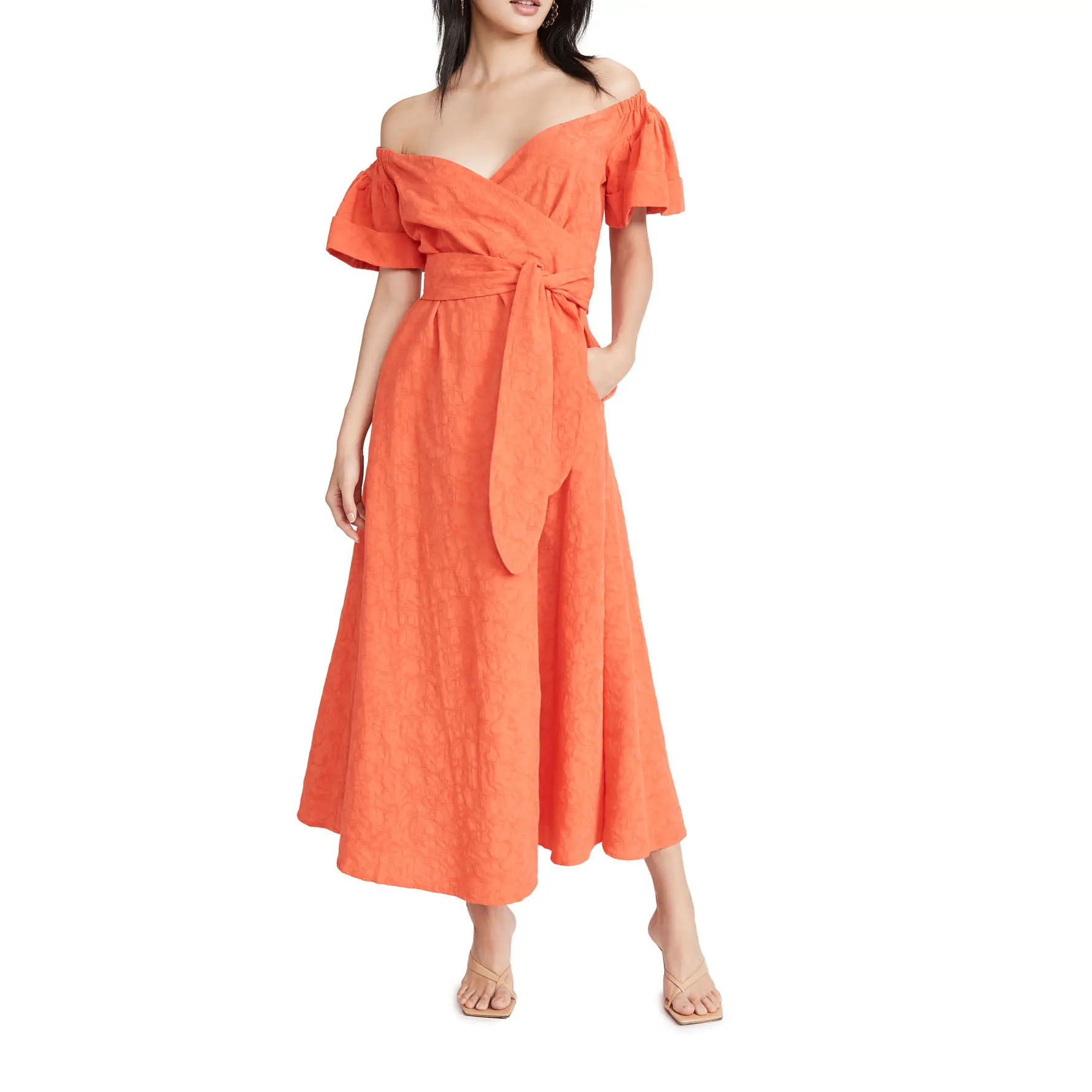 100% Cotton Orange Off The Shoulder Short Sleeve Maxi Dress For Women