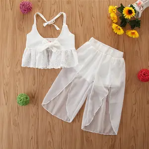 2 anni di Età Dei Bambini di Estate Set Fiocco Bianco Del Merletto Crop Top Shirt Con Pantaloni Per Bambini Vestiti Set Per La Ragazza