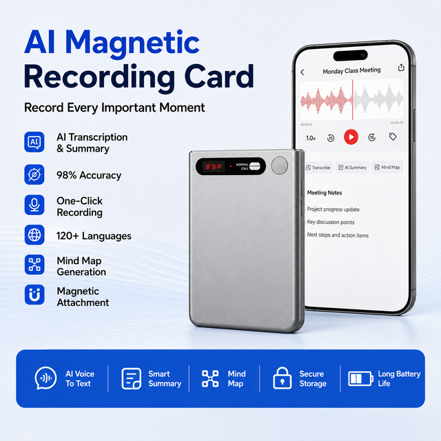Magnetic AI Call Recorder with Voice-to-Text Transcription, 80H Long Recording, HD Audio for Business Calls