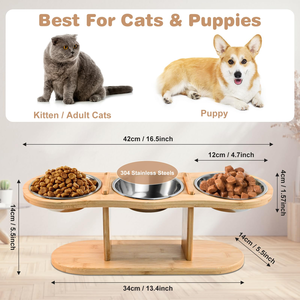 Support de gamelle surélevé pour chat avec 3 bols en acier inoxydable-Mangeoire en bambou inclinée à 15 ° pour chats d'intérieur et petits chiens - Product Image 2