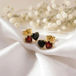 Natural Garnet And Black Obsidian Heart Shape <b>Stud</b> <b>Earrings</b> Minimalist Dainty Gemstone Jewelry In 925 Sterling <b>Silver</b> 18K Gold - Product Image 1