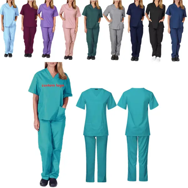 Hospital pharmacy medical doctor nurse V-neck women scrub top pants custom logo women V-neck scrubs uniforms sets