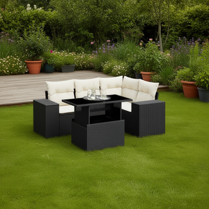 Set Divano da Giardino in Rattan Nero Crema con Tavolo, 4 Posti, Arredamento da Esterno dal Design Contemporaneo - Product Image 2