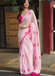 Sarees de Algodón Khadi de la Mejor Calidad con Bordado de Barra de Color y Borlas (Con Blusa), para Oficina/Uso Diario y Fiestas - Product Image 5