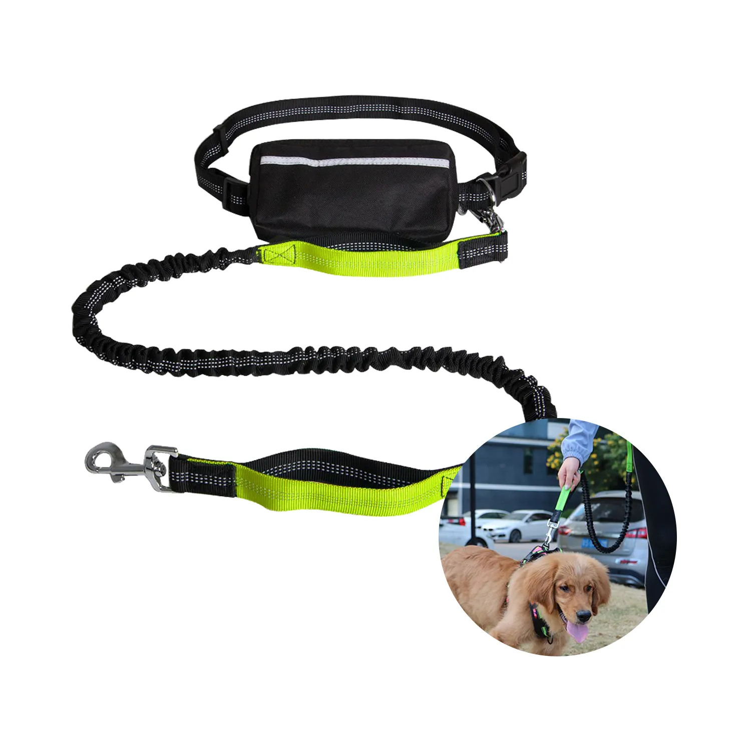 Dual Handle Elastic Bungees Retractable Rope for Medium and Large Dogs,Reflective Stitches NORYER Hands Free Dog Leash with Zipper Pouch,LED Lighting Waist Belt 