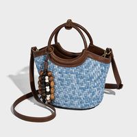 Tas Tote Anyaman Denim Vintage Baru Wanita Fashion dengan Tali Pegangan yang Dapat Disesuaikan, Penutup Ritsleting, Serbaguna untuk Bahu dan Selempang.