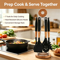 Peralatan Dapur Anti Lengket Tahan Panas 7 Pcs Set Peralatan Masak Silikon dengan Rak Penyimpanan untuk Set Spatula Memasak