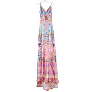 Vestido de Noche Maxi sin Tirantes con Estampado Floral Rosa, Cuello en V, Corte A, Cintura Imperio, Dobladillo con Cuentas, de Seda Antiarrugas, para Fiesta - Product Image 3