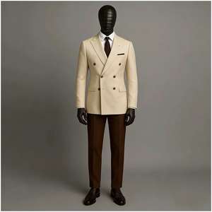 <span class=keywords><strong>Ensemble</strong></span> de costumes pour hommes 2 pièces, veste champagne, pantalon marron, double boutonnage, revers pointus, formel, business, décontracté, tenues de marié - Product Image 1