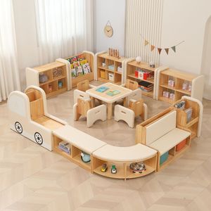 Meuble d'angle en bois massif pour salle de jeux d'enfants, unité de rangement Montessori avec organisateur de jouets et espace de siège - Product Image 1