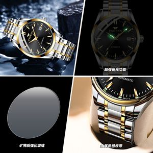 FNGEEN Automatic Mechanical Watch Men Stainless Steel Band Black Dial Date Display 30M Waterproof Silver Case - Product Image 4