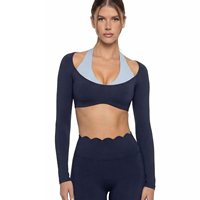 Nouveauté 2026 – Ensemble de yoga deux pièces respirant imprimé : haut court à manches longues style licou et pantalon avec logo frontal – Tenue de sport Pilates et fitness