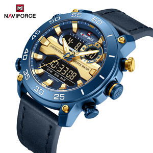 NAVIFORCE 9235 BEBEBE Montre à quartz en cuir véritable bleu d'usine pour hommes, double heure, analogique, sport, étanche, montre-bracelet OEM - Product Image 1