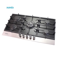 Xunda Table de cuisson en verre trempé noir Meilleure flamme 5 brûleurs Cuisinière à gaz à vendre Plaque de cuisson à gaz intégrée