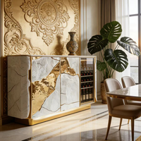 Buffet de rangement moderne de luxe en bois et acier inoxydable pour salon de villa, finition haute brillance, design élégant