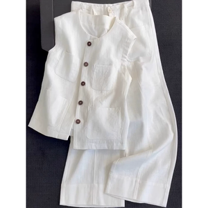 Completo da donna estivo in lino bianco Casual gilet <span class=keywords><strong>pantaloni</strong></span> larghi Casual a due pezzi vestito 100% da salotto in puro lino - Product Image 4