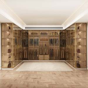 Armoire en verre de luxe en gros d'usine avec cadre en aluminium doré |   Armoire moderne avec éclairage LED |   Armoire de chambre à coucher intégrée sur mesure - Product Image 5