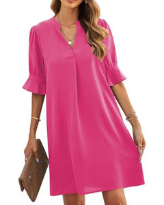 เดรสสั้นคอวีทรงตรงยาวถึงเข่าของผู้หญิงเดรสสั้นคอวีระบายอากาศสีพื้นฤดูร้อน - Product Image 5