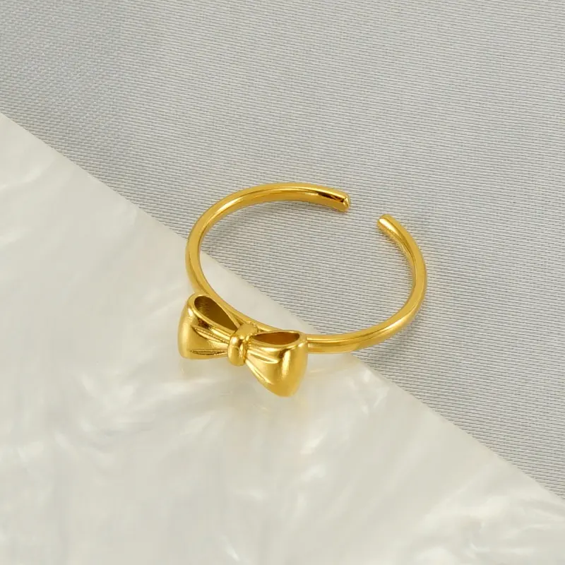 316L נירוסטה סיטונאי 18K PVD ציפוי זהב עדין חמוד קשת פרח פרפר קשת טבעת מתכווננת לנשים