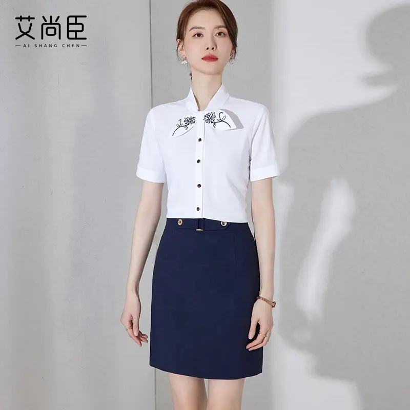 Blusas y tops profesionales de Oficina de producción personalizada de talla grande diseños bordados uniformes para falda y blusa de mujer