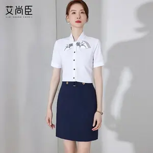 plus size custom production professional office tops and blouses uniform embroidery designs for women skirt and blouse