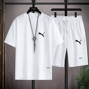 2024 verano transfronterizo tendencia de los hombres <span class=keywords><strong>Color</strong></span> sólido conjunto Simple cuello redondo Casual camiseta + Pantalones finos Casual conjunto de dos piezas - Product Image 4